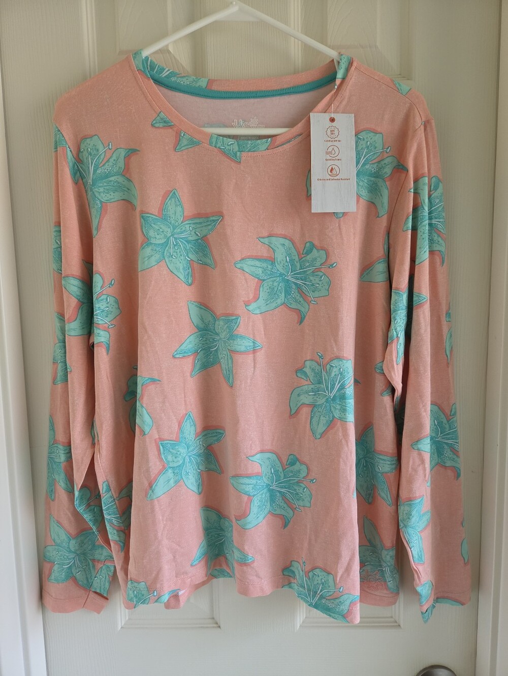 UV‎ Skinz UPF 50+ Sun Swim Shirt Womens Coral Pink Teal Lily Long Sleeve 2XL